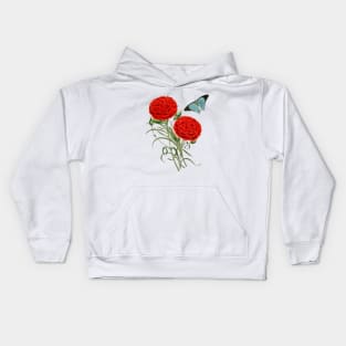 Watercolor red carnation flowers and butterfly Kids Hoodie